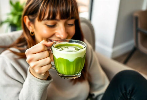 chica alegre bebiendo un matcha latte