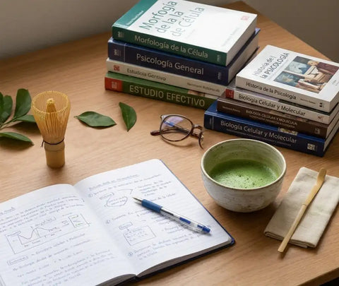 cuenco de matcha en escritorio con libros