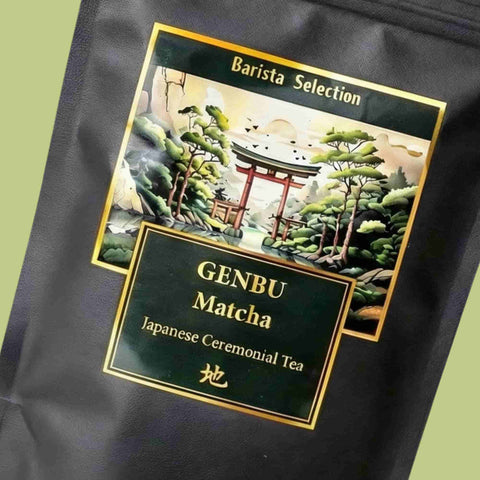 Detalle de la etiqueta del té matcha ceremonial japonés Genbu Matcha Barista Selection