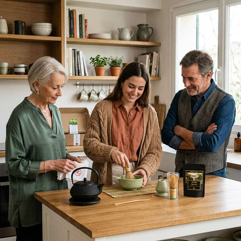 Familia preparando té matcha en casa con kit de matcha Genbu y batidor chasen
