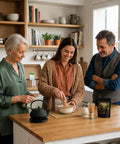Familia preparando té matcha en casa con kit de matcha Genbu y batidor chasen