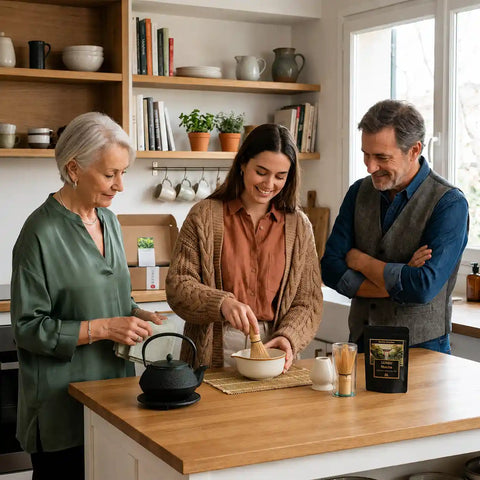 Familia preparando té matcha en casa con kit de matcha Genbu y batidor chasen