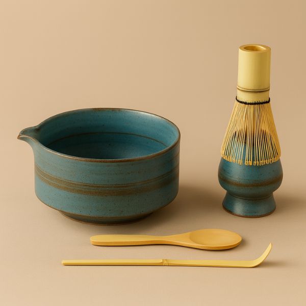 Set azul de chawan y chasen de bambú para té matcha