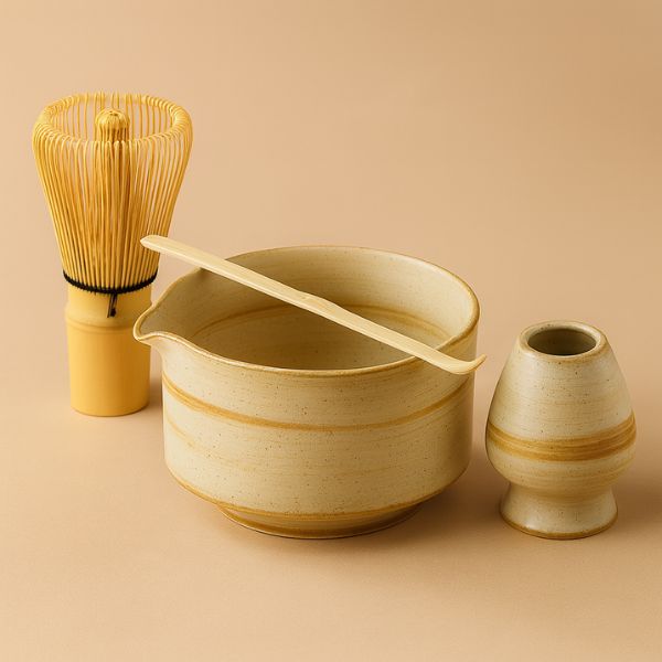 Kit de té matcha Genbu en tonos crema con accesorios completos