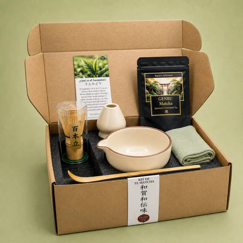 Kit completo de té matcha Genbu con chawan, chasen, chashaku y matcha ceremonial