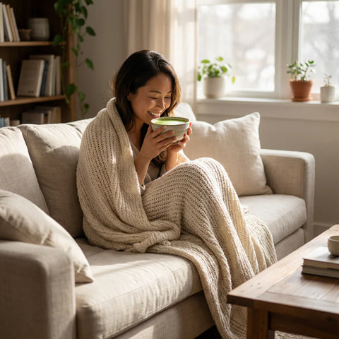 Mujer disfrutando de una taza de té matcha en casa.